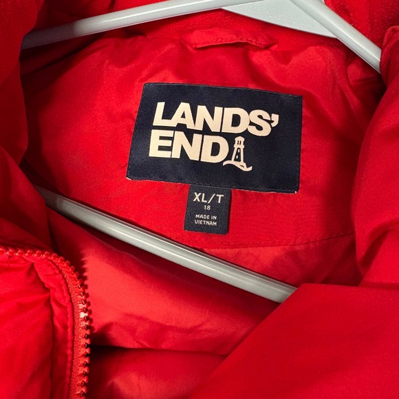 Lands End Womens XL/T 18 Red Puffer Parka Coat Faux Fur Hood Quilted Zip - Picture 7 of 8